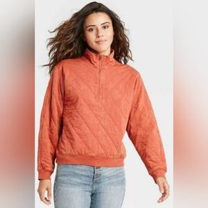 Distressed Orange Quilted Quarter Zip Pullover - Large